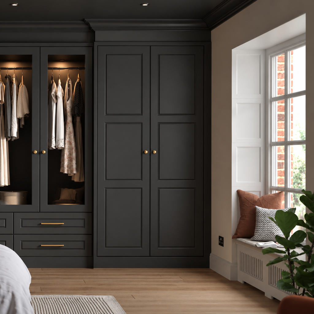 Santana classic framed replacement cabinet doors in Supermatt Black fitted wardrobe