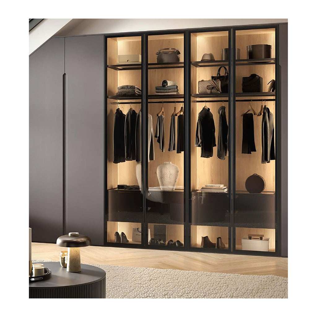 Black aluminium smoked glass cabinet doors fitted to a wardrobe