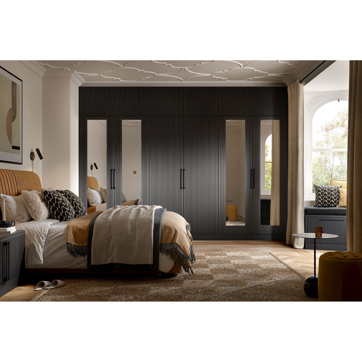 Stockholm Door shown in a fitted bedroom and wardrobe setting